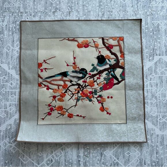Vintage Chinese Embroidered Silk Art Pair of Birds on Red Cherry Blossom Tree - Picture 1 of 9